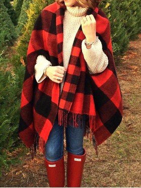 Black and Red Plaid Patterned Cape W/ Fringe.